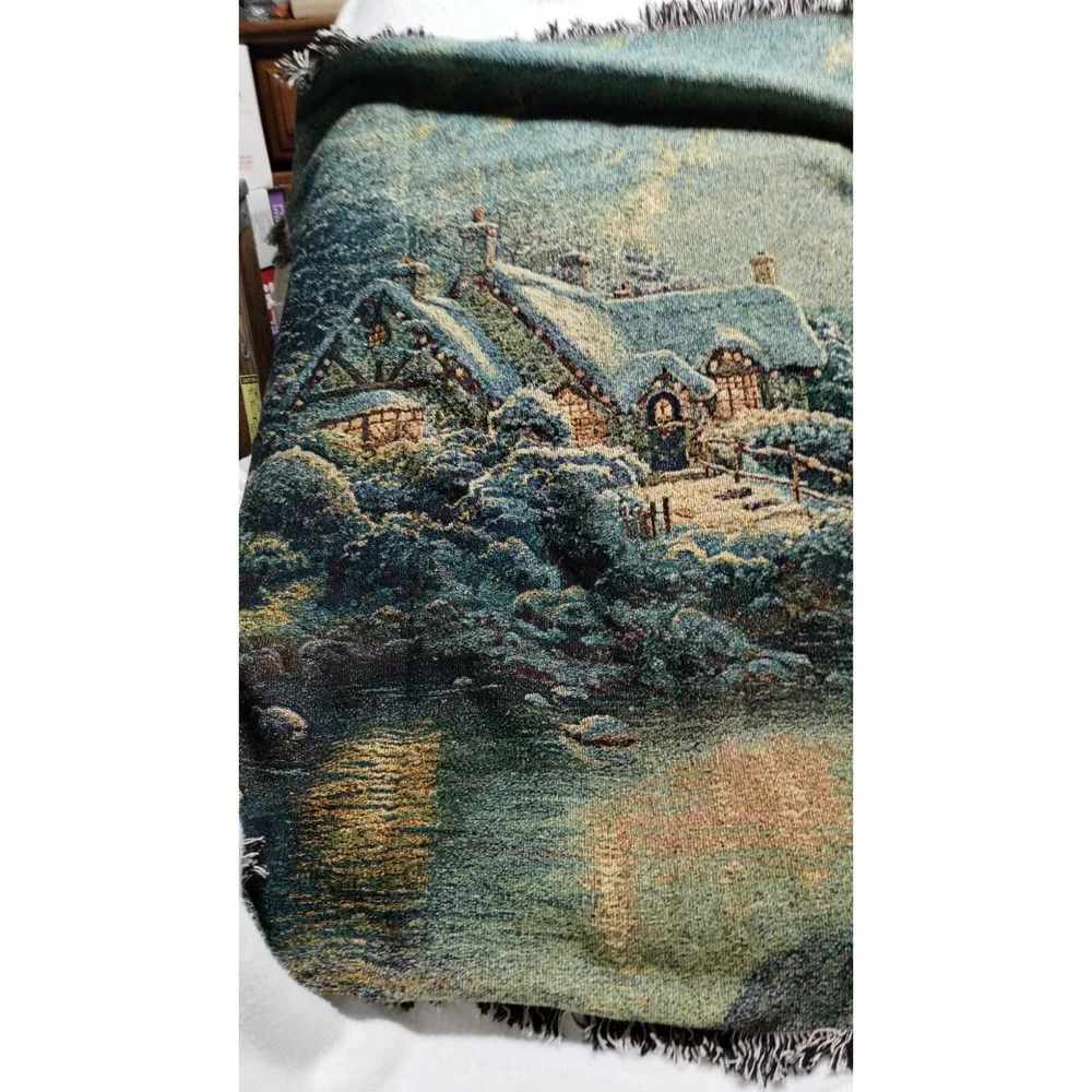 Thomas Kinkade Winter Cottage Tapestry Throw Blanket Snowy Village‎